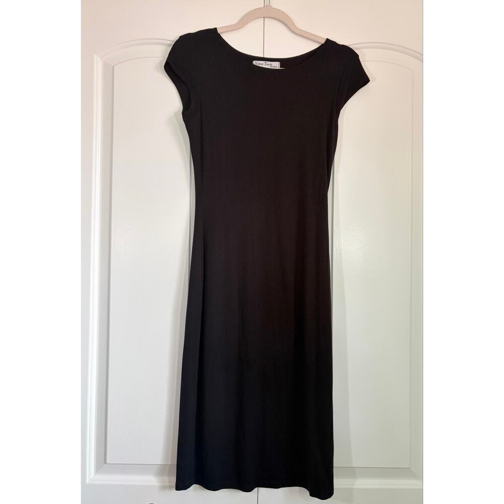 Velvet Torch Black Midi Bodycon Dress Medium Cap Sleeve Stretch NWT